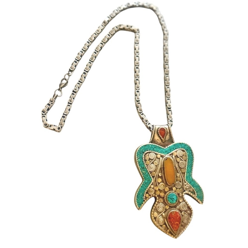 Vintage 90’s/Y2K Huge Southwestern Boho Silver and Multicolor Pendant Necklace